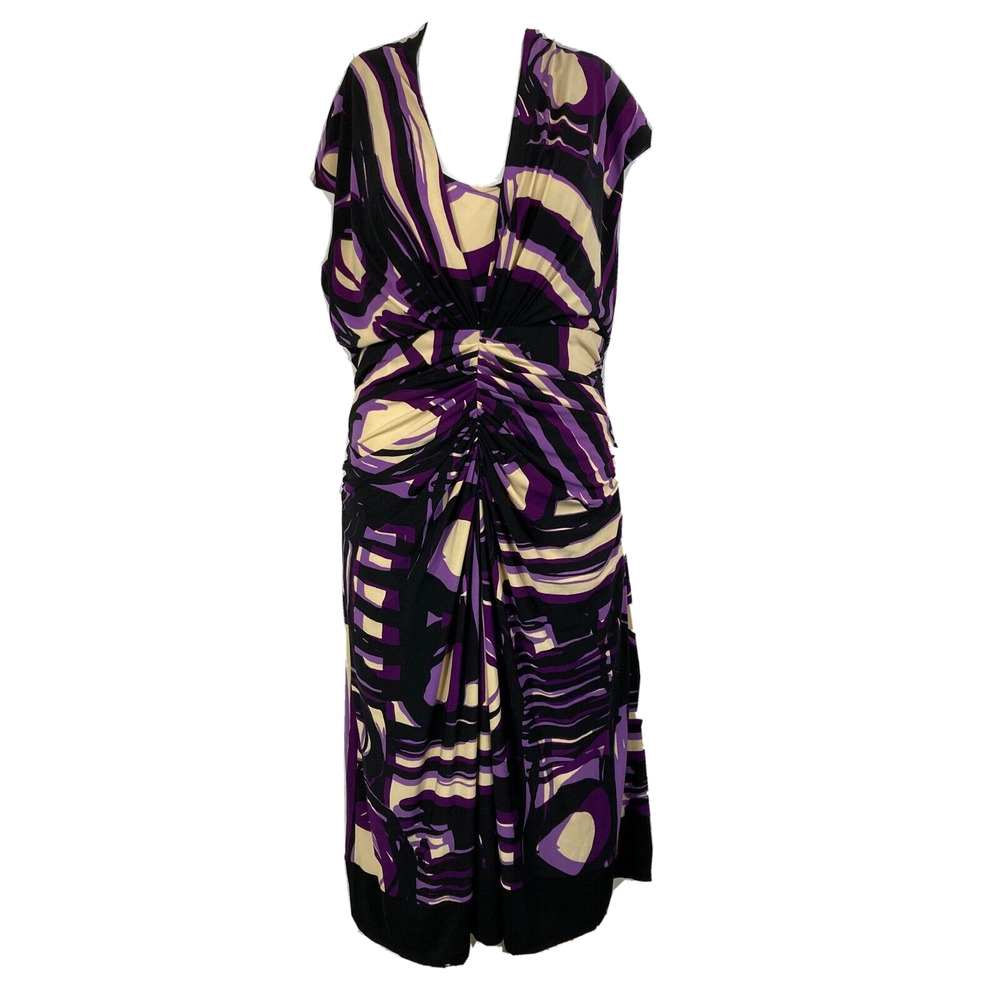Jones New York Dress Womens Sz 14 Black Purple‎ Print V-Neck Stretch A-Line Midi